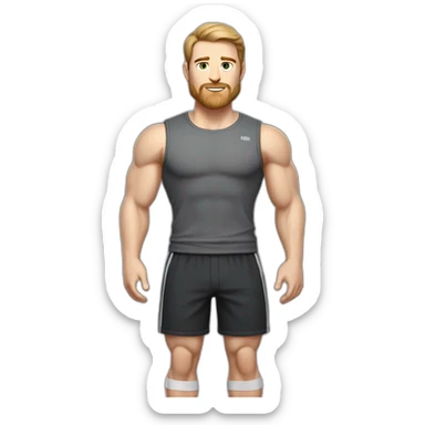 Full height Pale skinned muscular man With Realistic eyes and mouth, light brown hair and stubble In dark gray sleeveless mike, black oversize sports shorts, watch and white sneakers. sticker