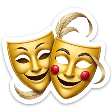 Create a dramatic emoji representing dramaturgy. The design should feature a classic theatre mask (comedy and tragedy), with one mask displaying a smiling face and the other a sad one. Include elements like a quill or fountain pen to symbolize the writing process, with dramatic lighting or shadows to enhance the theatrical feel. The background should be elegant, possibly with a curtain or spotlight effect, evoking a sense of drama and performance. Make the background transparent. sticker