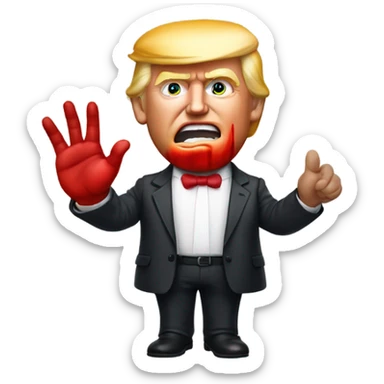 Donald trump holding his hand up with a timy drop of red dye on his face sticker