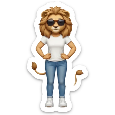 friendly anthropomorphised female lion character, full body, standing confidently with legs shoulder width apart and arms folded, wearing jeans, a white t-shirt, dark sunglasses, and trainers, with a confident smile sticker