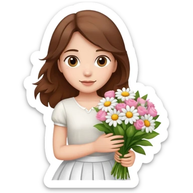 girl with brown hair wearing a white skirt holding a bouquet of flowers sticker