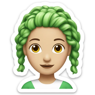 White woman with green long hair and a bun sticker