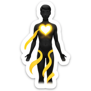minimalist b&w male silhouette with flowing black-and-white curves across the lower body, now overlaid with a small, softly glowing spark or radiant light near the chest or head — heart symbolizing inspiration, inner fire, and creative energy awakening” style glow yellow sticker
