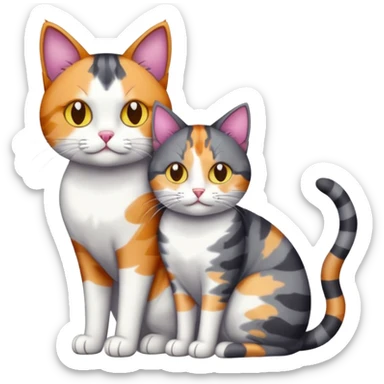 full body colourful light patched calico + white tabby cat cuddling a big dark grey and white tabby cat  sticker