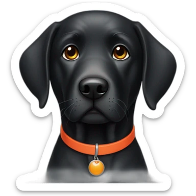 old black labrador with red collar and orange clothes sticker