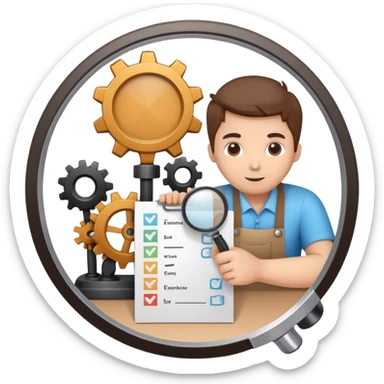 An icon representing a quality control department with a person. The image should feature a person inspecting products with a magnifying glass, holding a checklist, or reviewing items on a table. Include symbols like gears, quality stamps, and checkmarks in a clean, minimalist style with soft colors sticker