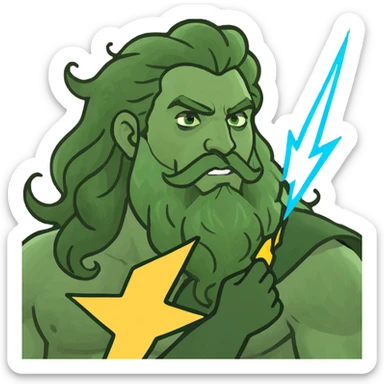 Zeus, the Greek god, with his beard, long curly hair, and regal attire, holding a lightning bolt sticker