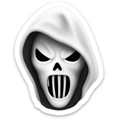 “Apple emoji of Ghostface: white mask with a screaming expression, dark eyes, and a black hooded cloak.” sticker