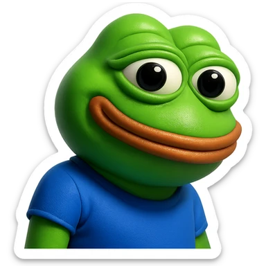 pepe in
- 3d style
- bright green
- blue shirt
- smiling
- looking straight at the camera
- good highlights and shadows
- 30deg angled towards the right sticker