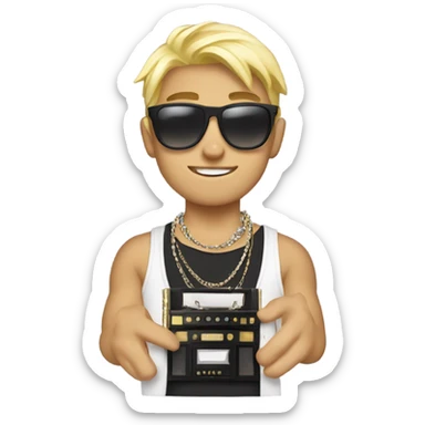 blonde boy in stylish jewelry with a boombox sticker