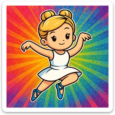 Add a vibrant, colorful background behind Dana Dawson in a dance pose, keep the original cartoon sticker style sticker