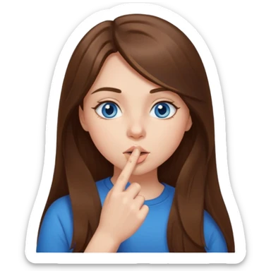 a girl with long hair, blue eyes telling to be quiet with the finger near her mouth sticker