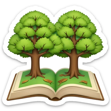 A 3D cartoon open book showing illustrations of two trees—one green and one dry—clean background, soft shadows, realistic Memoji-style look. sticker