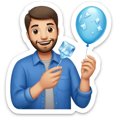 A very happy man with Ice cubes, broken glass and a balloon  sticker