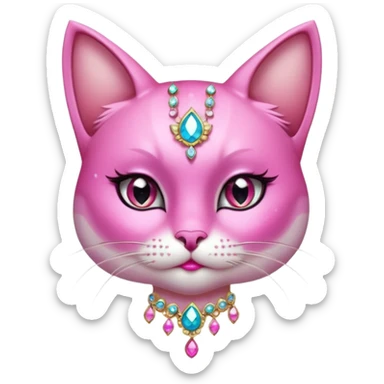glamorous cat portrait, head and shoulders only, exaggerated pink makeup, bright eyeshadow, long eyelashes, shiny blush cheeks, sparkling face gems, glitter accents, elegant earrings, fantasy beauty style, cute 3D cartoon, mobile game icon style, clean background, no text, no watermark
 sticker