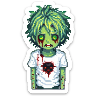 boy zombie emoji with pale whitish green skin, spiky anime hair, blood coming out of eyes, blood on white shirt sticker