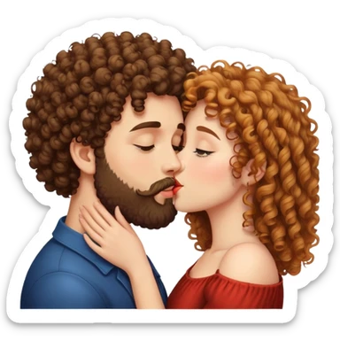 curly haired girl kissing a man with a beard, romantic couple kiss sticker