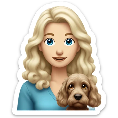 blue eyed very old long haired blonde lady with dark brown Cockapoo puppy dog sticker