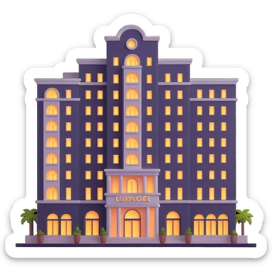 luxurious hotel building with lit entrance and many floors sticker