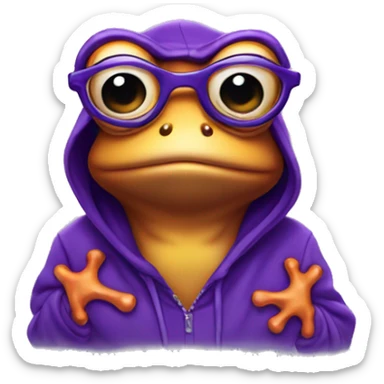 A purple frog wearing a hoodie and glasses sticker