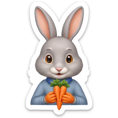 Gray rabbit holding carrot, cute smile, half body sticker