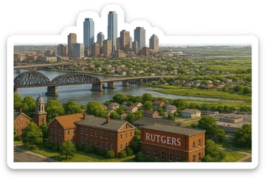 cinematic realistic emoji of Northern New Jersey panoramic cityscape with Rutgers University campus, bridges, skyline, suburban areas, Meadowlands, lifelike detail, accurate colors, bright daylight, no sky, no clouds sticker