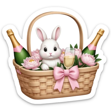 A white Picnic basket with light pink bow, white peonies, a white rabbit and one pink champage bottle inside sticker