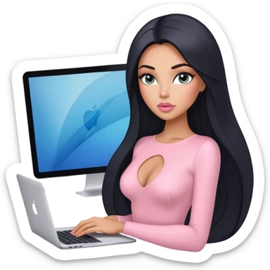 Glamours, tanned, very beautiful girl, with big pump peach-beige-rose lips, long lashes, black straight smooth silky long hair, straight parting hair, blue-grey eyes, in light-pink bodysuit holding MacBook sticker