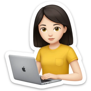 girl on a laptop, dark hair white skin and yellow shirt sticker