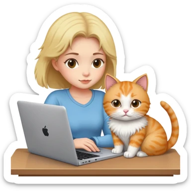 A girl is working hard on a laptop with a cat next to it sticker