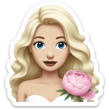 White bride with long light blonde hair and blue eyes with light pink peonies in hair white skin light pink lips sticker