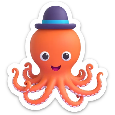 excited octopus wearing a tiny hat, 3D emoji style sticker