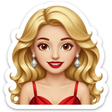 “Emoji girl, glamorous smile, shimmering gold eyeshadow, bold red lips, voluminous waves, dramatic lashes, wearing diamond earrings and gold gown.” sticker