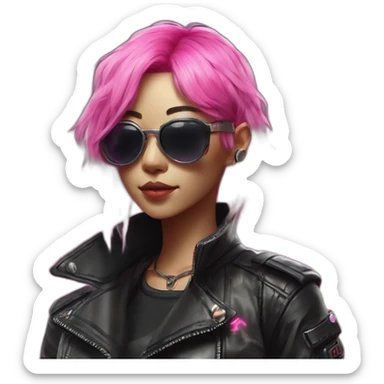 A Japanese woman with Pink hair wearing sunglases with Neon highlights and is also waering a leather jacket in a cyberpunk style sticker