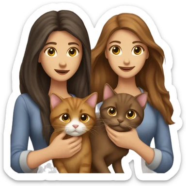 Two long hair brunettes keeping two brown cats in their hands sticker