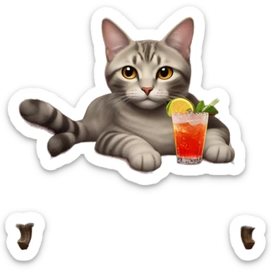 cat laying on vintage red sofa holding a fancy cocktail in its paw sticker
