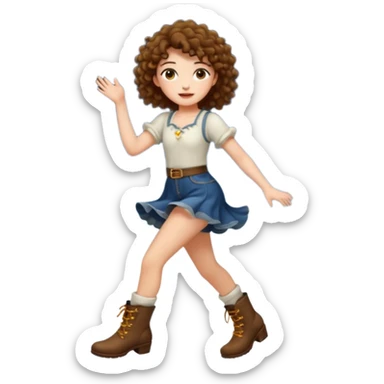 full body woman short curly brown mullet hair brown eyes white skin dancing with fireflies around boots sticker