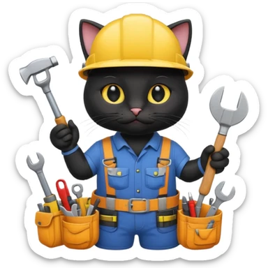 black cat, handyman Outfit, wearing a Helmet sticker