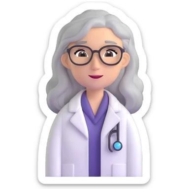 woman science teacher with long graying hair, wearing a lab coat sticker