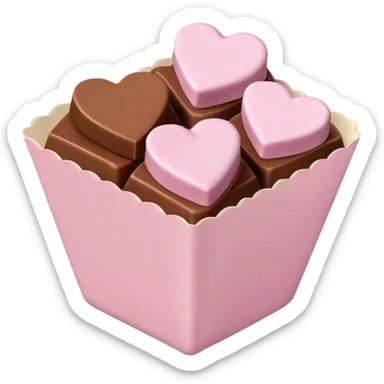 Two square milk chocolate , Each praline is a sharp-edged cube with smooth glossy chocolate coating, placed in a small white fluted paper candy cup. On top of each cube is a flat pastel pink heart-shaped icing sticker