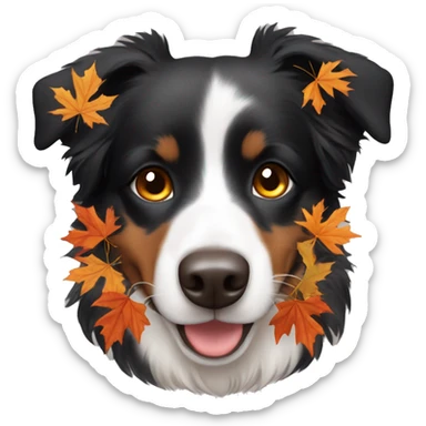 Small black australian shepherd dog wearing autumn leaves sticker