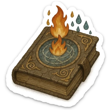 Make the mystical tome with elemental emblems look ancient, with cracked covers, faded magical auras, and worn pages, in the style of apple emojis. Remove the background. sticker