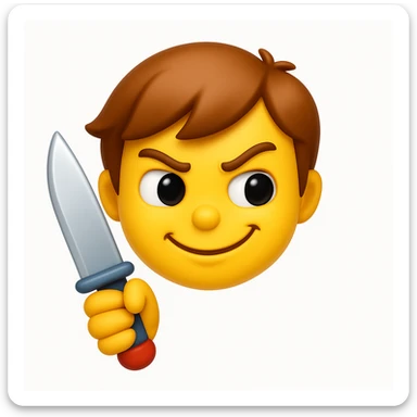 A 3D emoji in iOS emoji aesthetic style of a mischievous character holding a toy knife, with a playful smirk and cartoonish expression, not scary, bright colors, glossy surface, soft lighting, clean white background.
 sticker