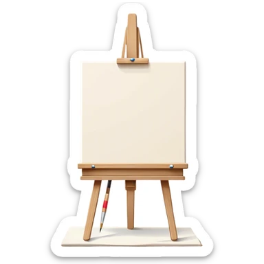 A simple, modern flat-style illustration of a blank canvas on a wooden easel, with a small paintbrush resting against it. The scene is clean and minimal, with a subtle glow or a few tiny sparkles around the canvas, symbolizing creativity and new possibilities. No clutter, soft neutral background, perfect for an empty state UI. sticker
