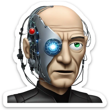 Jean luc picard from Star Trek assimilated by the Borg, with mechanical metal covering the left side of his face, with wires and a red light on the left side. Both his eyes are blue. sticker