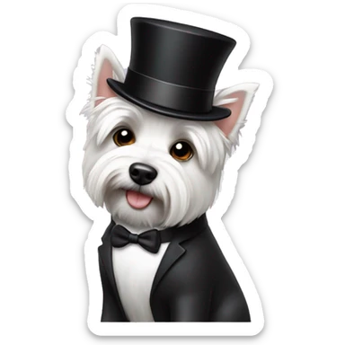 Westie dog with a top hat and a tuxedo sticker