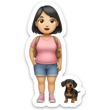 Short chubby asian girl wearing shorts and crocs holding a dachsund sticker