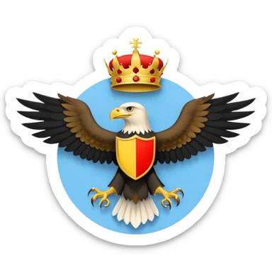 A light blue flag featuring a red and black horizontal stripe across the center. In the middle, a yellow circle contains a golden heraldic eagle with spread wings and a small crown above its head. Flat 2D vector style. sticker