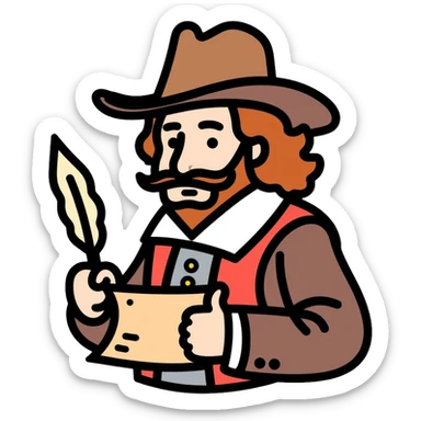 Shakespeare in a cowboy outfit with a scroll and quill sticker