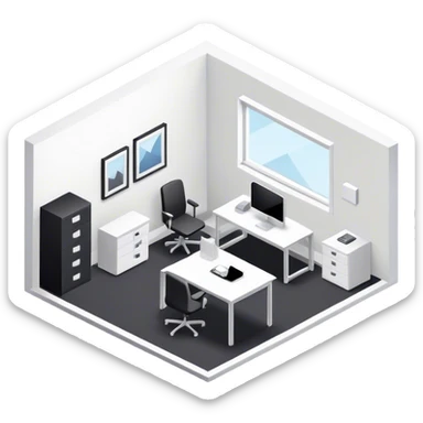 An isometric 3D room with two white walls that meet at the back left and right and a single Window. Black and White Office Room with a single desk sticker